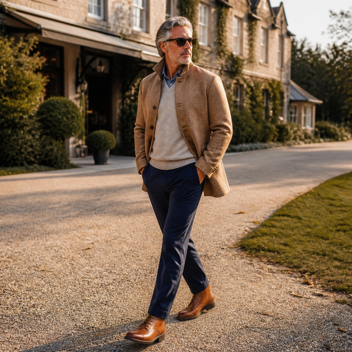 Mature man wearing cognac lace up ankle boots outside a countryside hotel — view 8