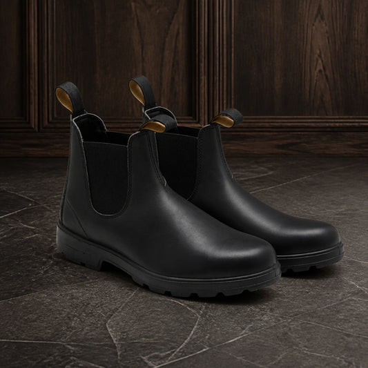ankle boots — Black rugged Chelsea boots complete pair front view — view 2