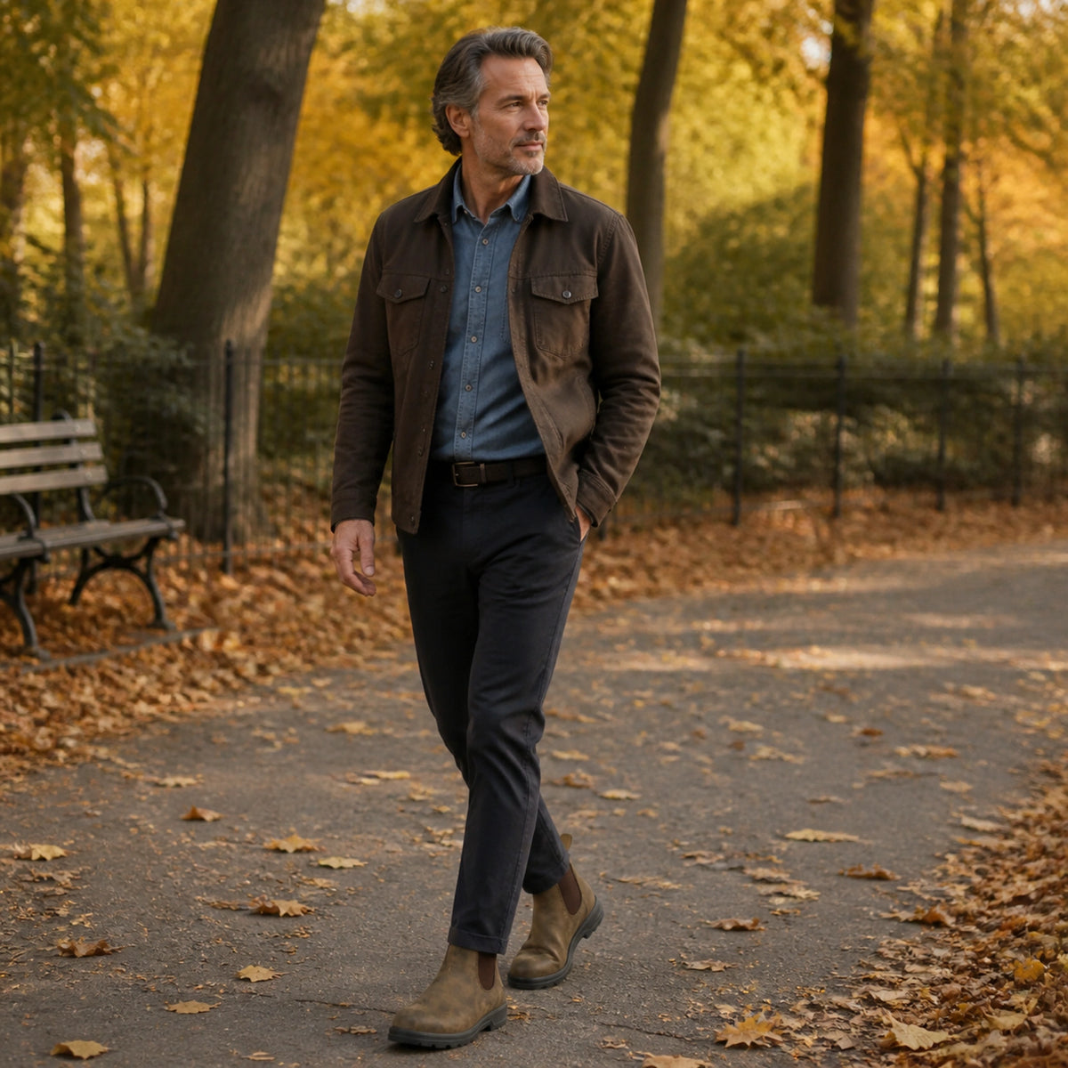 ankle boots — Mature man wearing distressed brown Chelsea boots in an autumn park — view 9