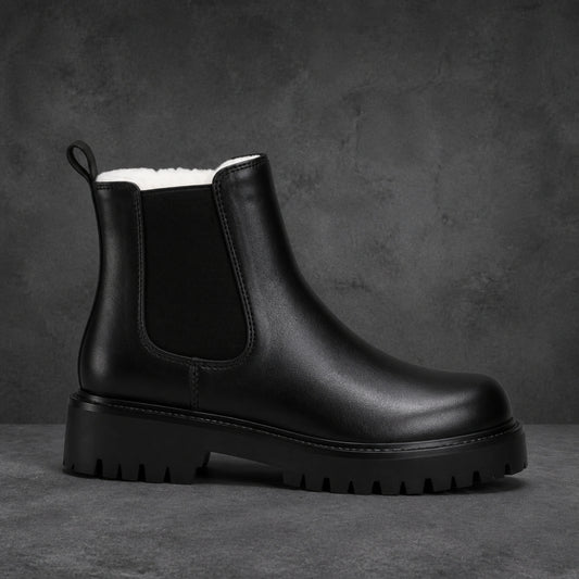 ankle boots — Black fleece lined chunky Chelsea boot true side profile — view 2