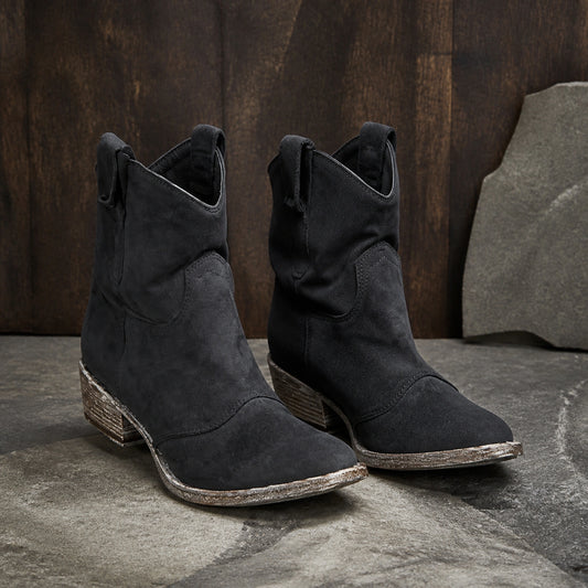 Black ruched suede Western ankle boots complete pair front view — view 2