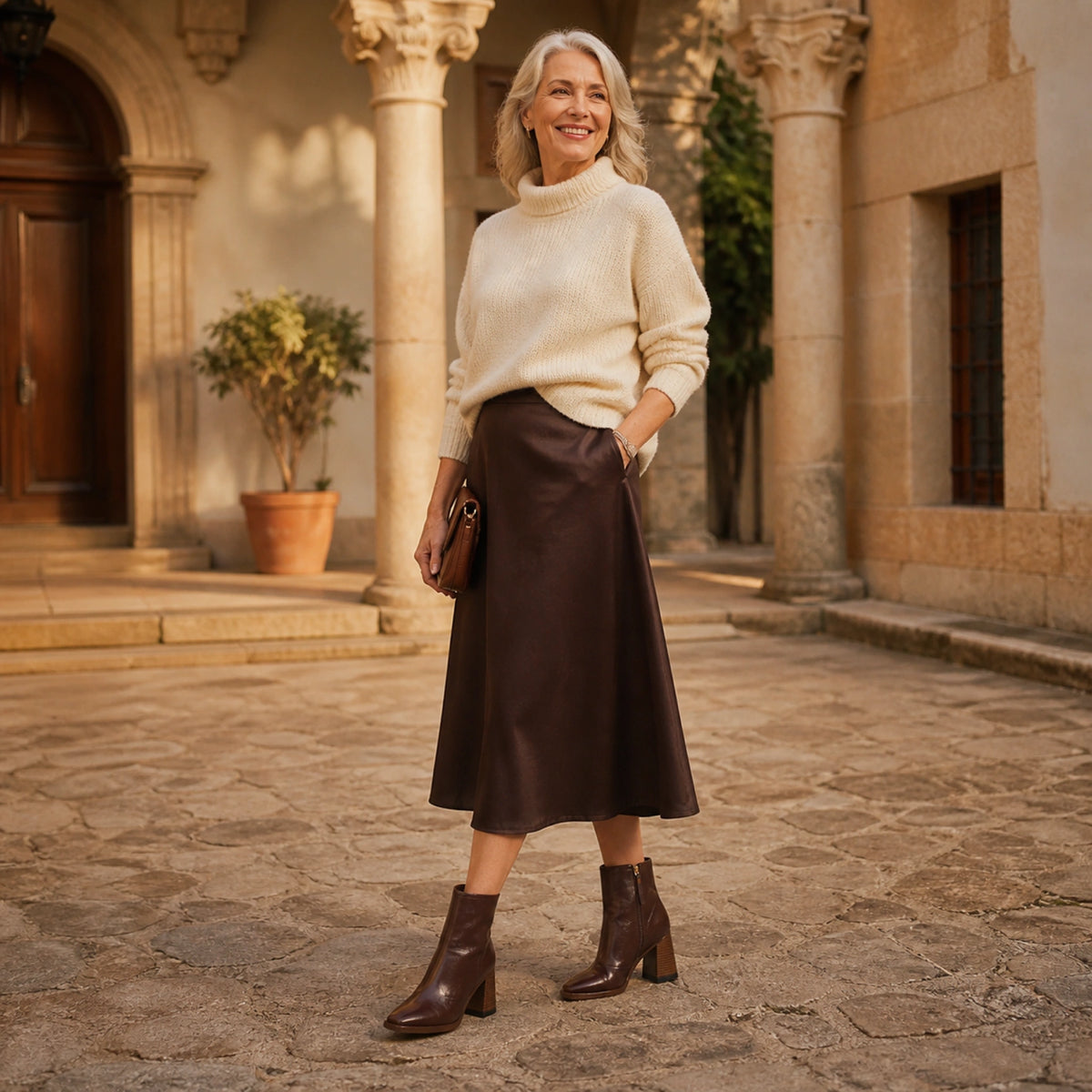 Mature woman wearing dark brown square toe heeled ankle boots in a historic courtyard — view 7
