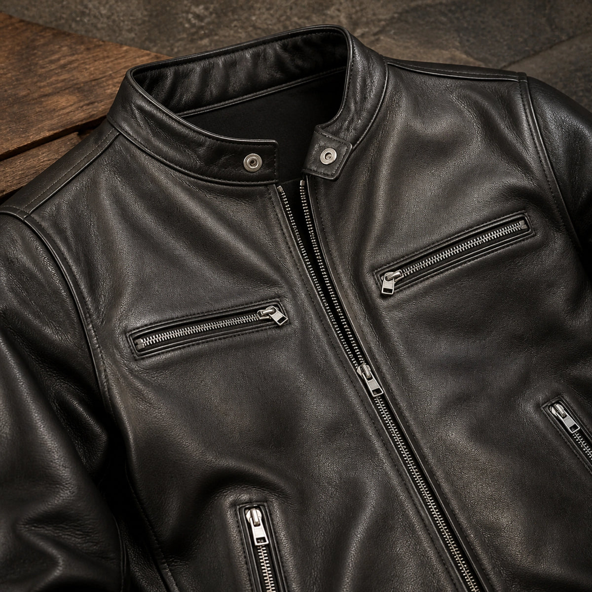 Black cafe racer leather jacket construction detail — view 6
