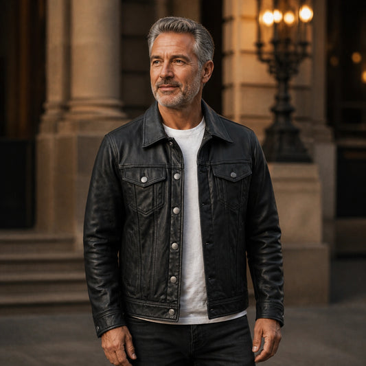 leather jacket — Black button front leather trucker jacket — view 2