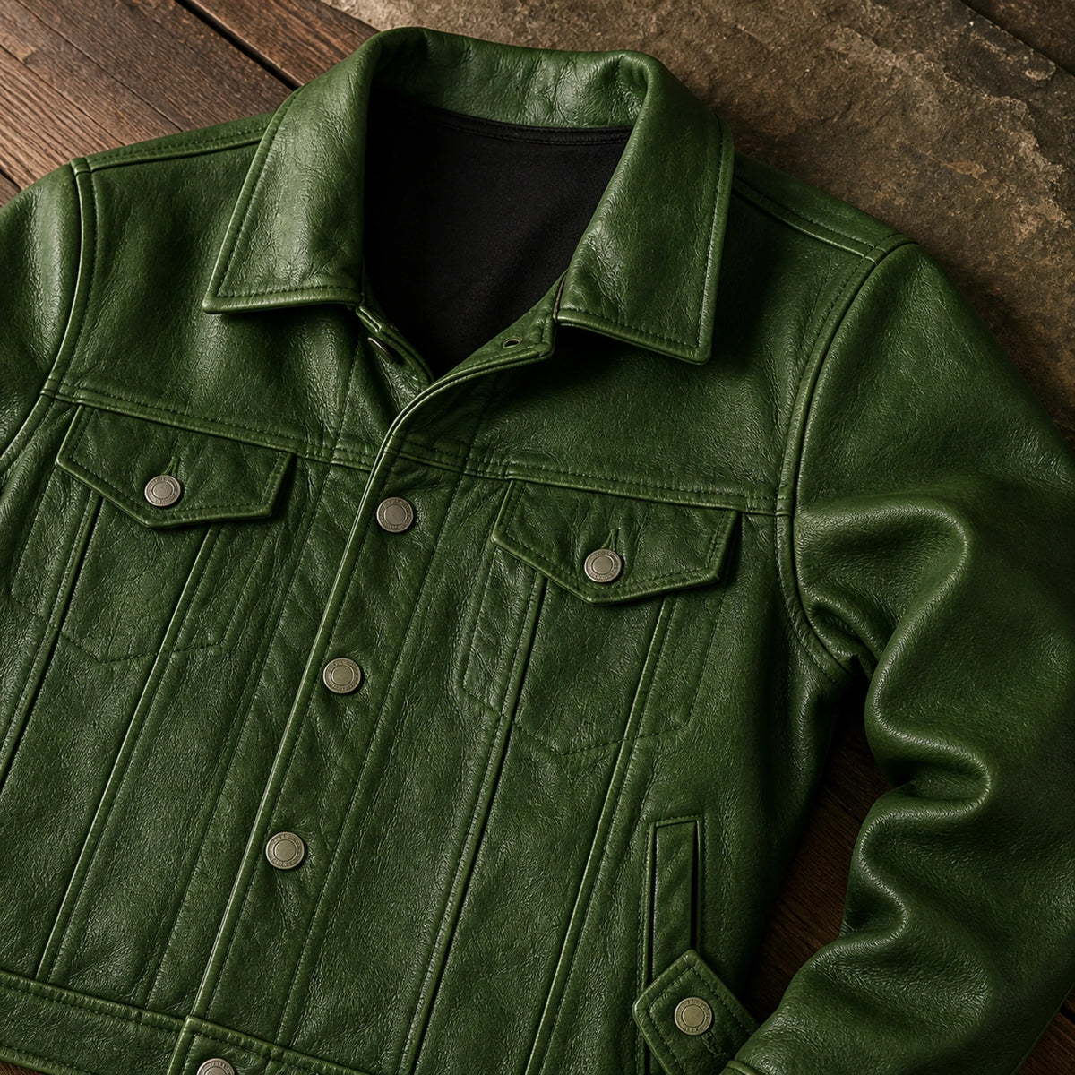 leather jacket — Forest Green leather trucker jacket construction detail — view 6