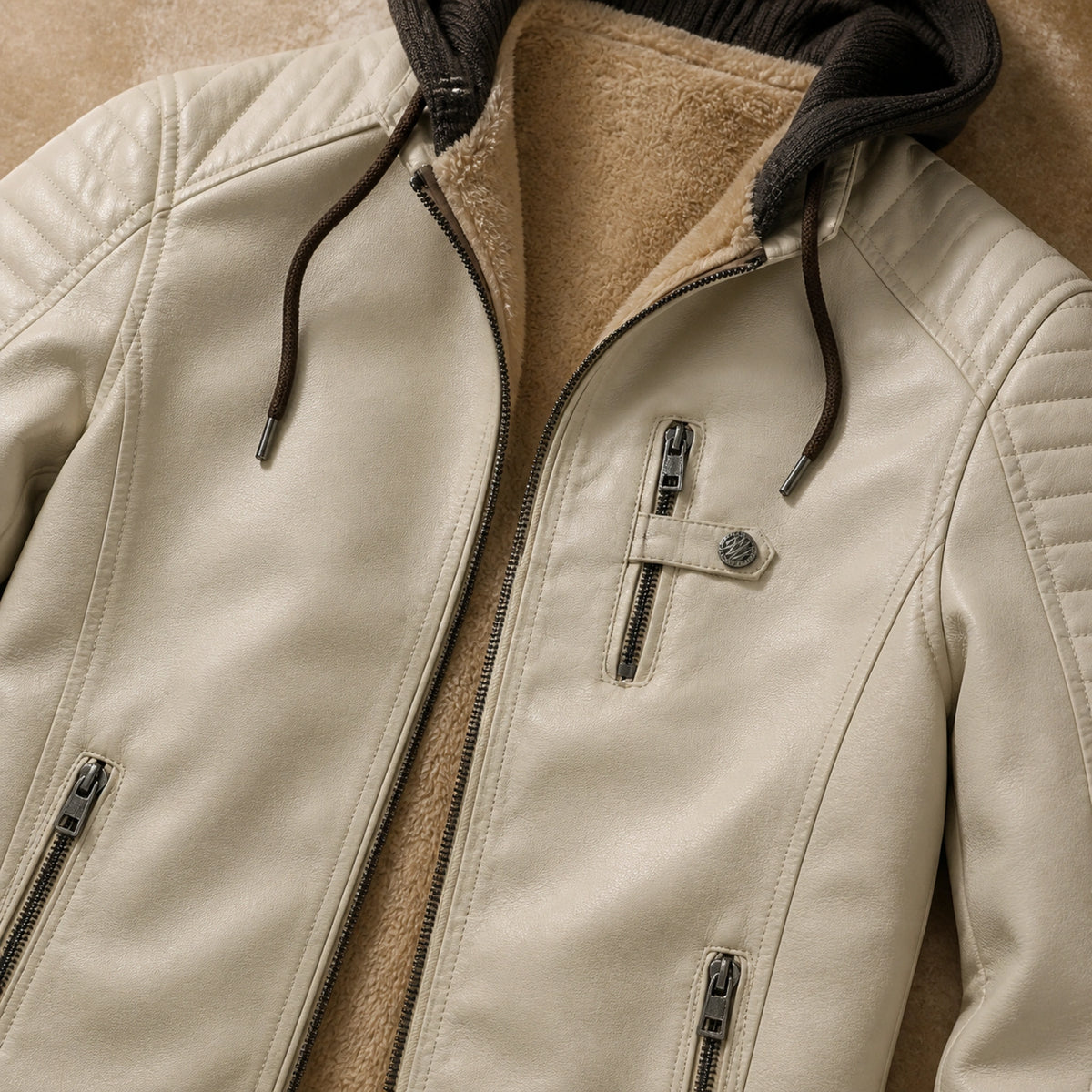 Ivory White hooded leather jacket construction detail — view 7