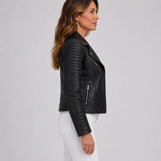 leather jacket — Black biker jacket side view — view 2