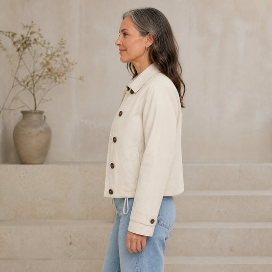 Ivory button-front cropped jacket, side view
