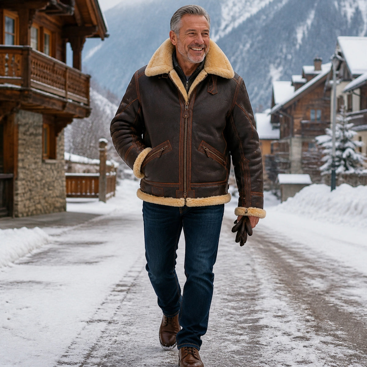 Mature man wearing a distressed brown plush-trim aviator jacket in an alpine village