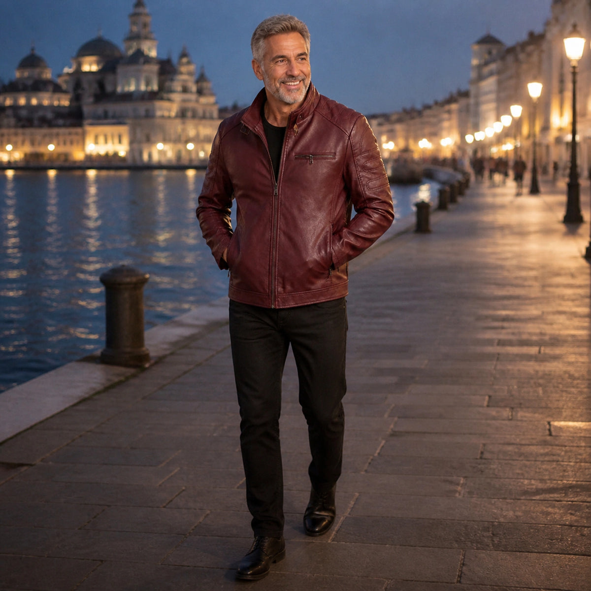 Mature man wearing deep burgundy moto leather jacket on an evening waterfront — view 7