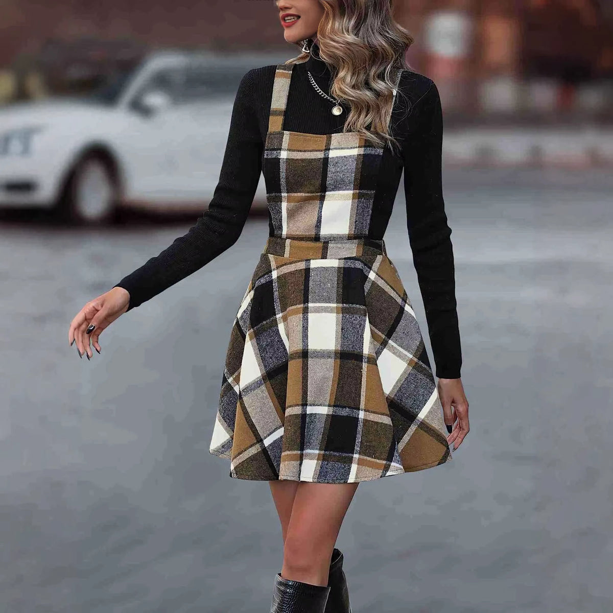 Women's tartan A line knee length midi jumper dress with plaid pattern and sleeveless design — view 6 — view 7