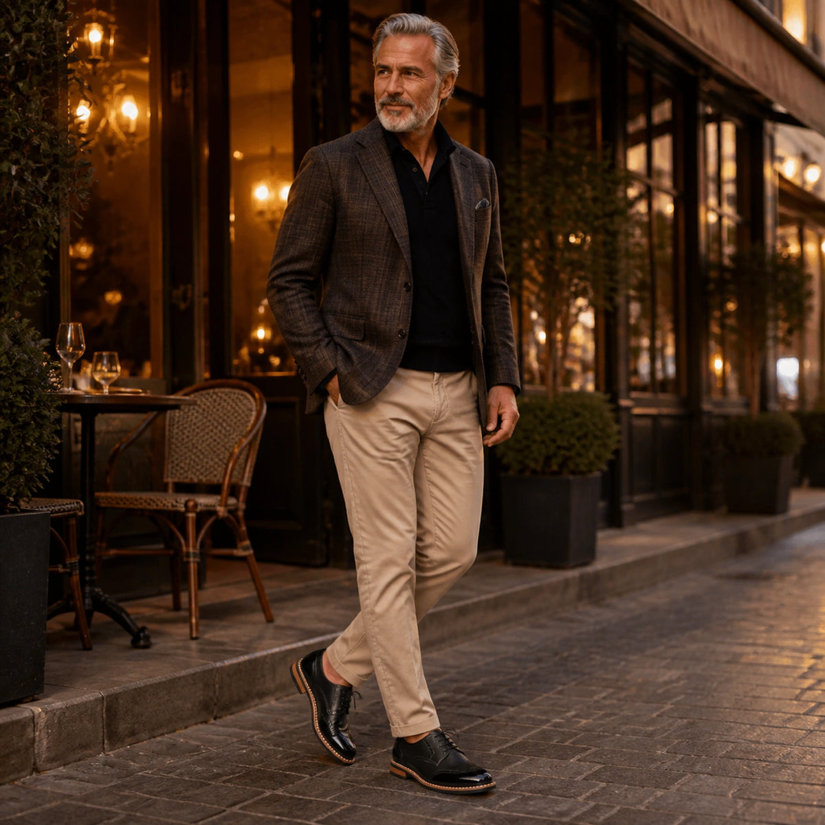 Mature man wearing black Oxford shoes outside an upscale restaurant — view 8