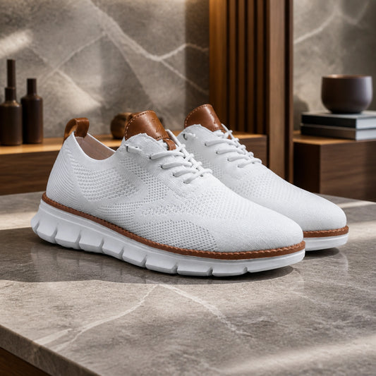 oxford shoes — White breathable knit Oxford sneakers complete pair view — view 2