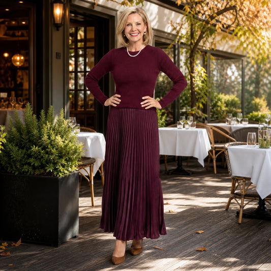 pleated skirt — Deep burgundy rib knit top and pleated satin skirt set complete front view — view 2