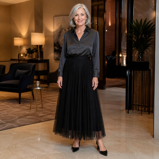 pleated skirt — Black pleated tulle midi skirt complete front view — view 2