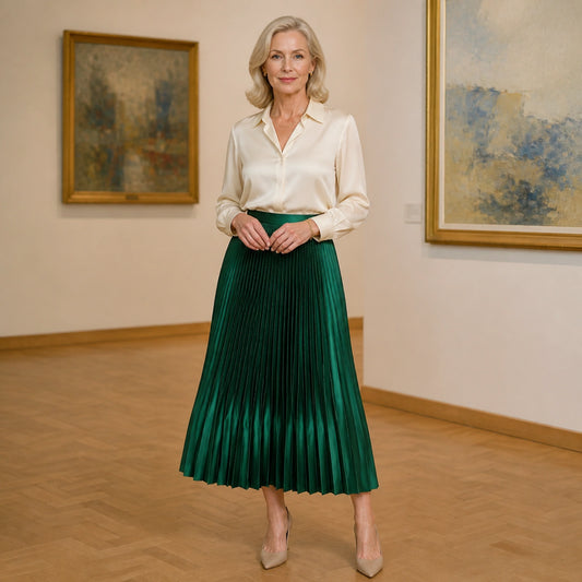 pleated skirt — Emerald green satin accordion pleated midi skirt complete front view — view 2