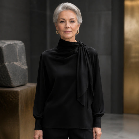Black draped scarf neck satin blouse complete front view — view 2