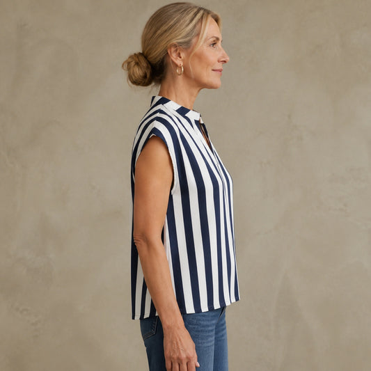 Navy and white stripe satin blouse true side view — view 2