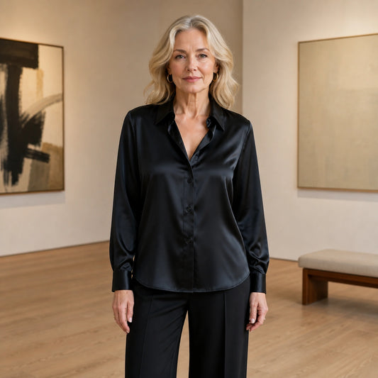 Black silky drape satin blouse complete front view — view 2