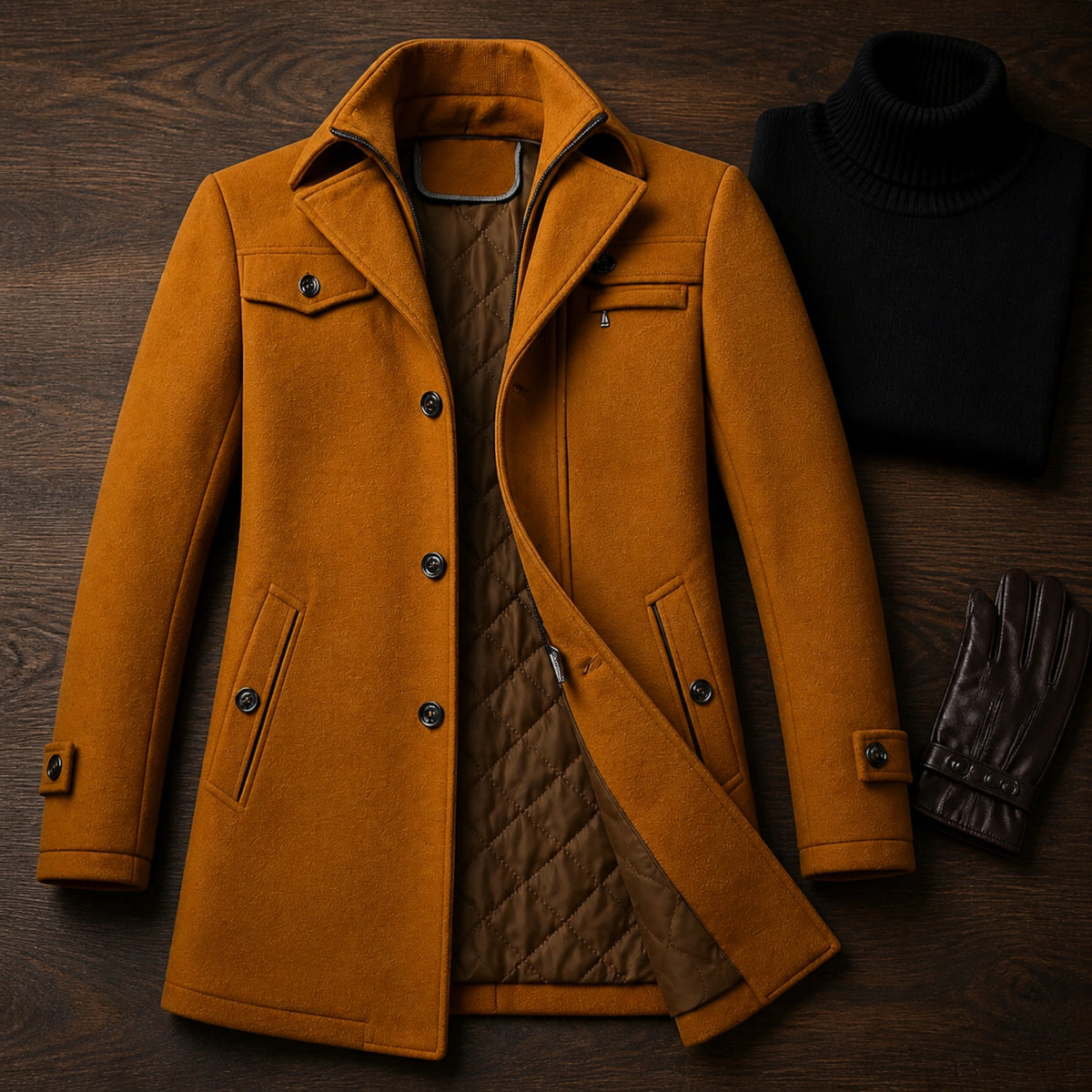 Brown tailored wool winter coat premium with accessories — view 8