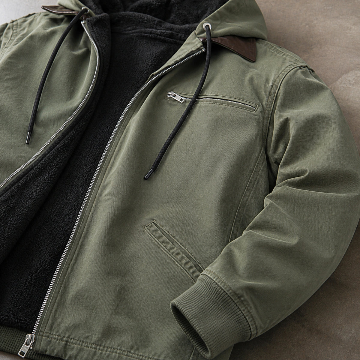 winter coat — Sage green workwear jacket fleece lining zipper pocket cuff and hood detail — view 7