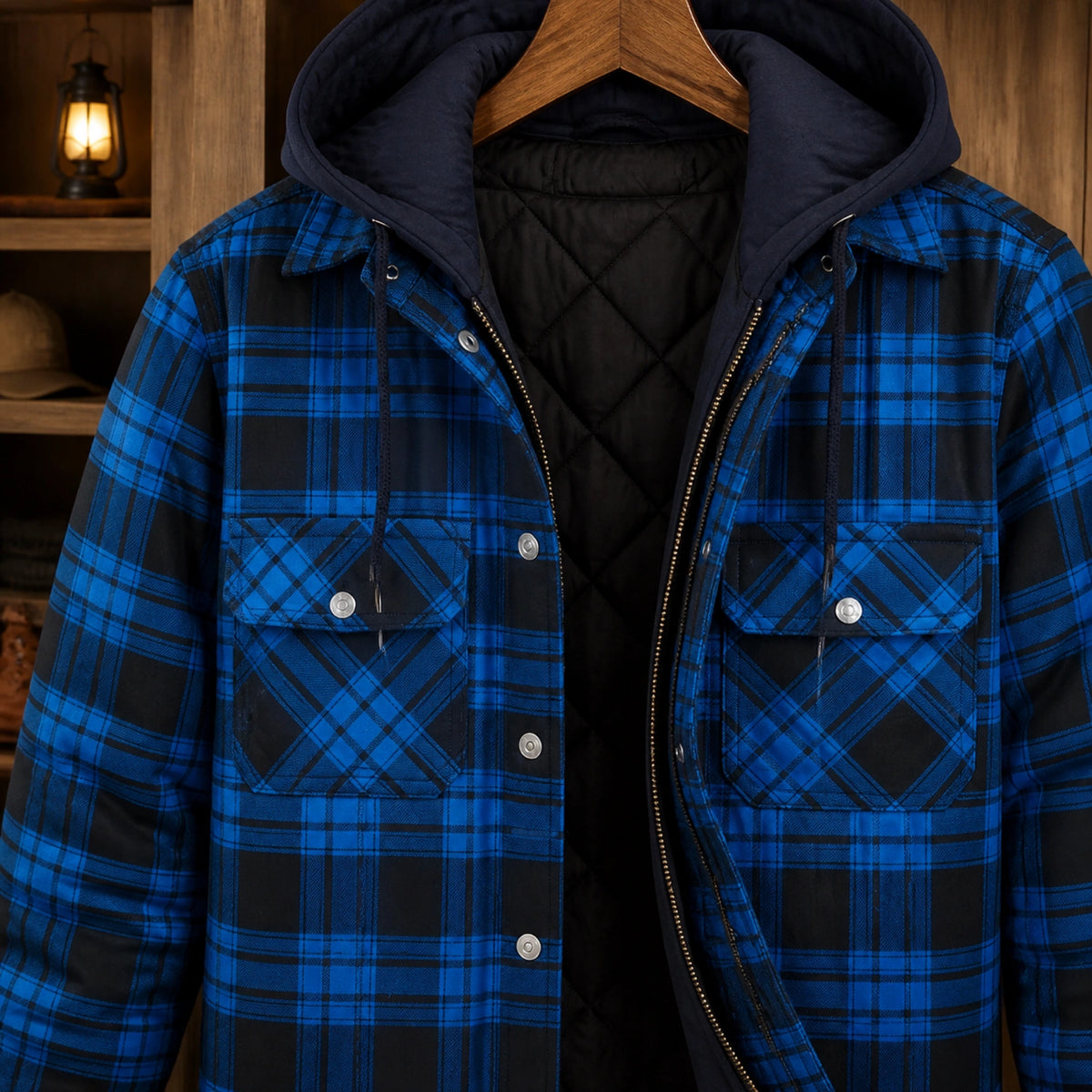 winter coat — Cobalt blue plaid jacket hood chest pockets zipper and quilted lining detail — view 9