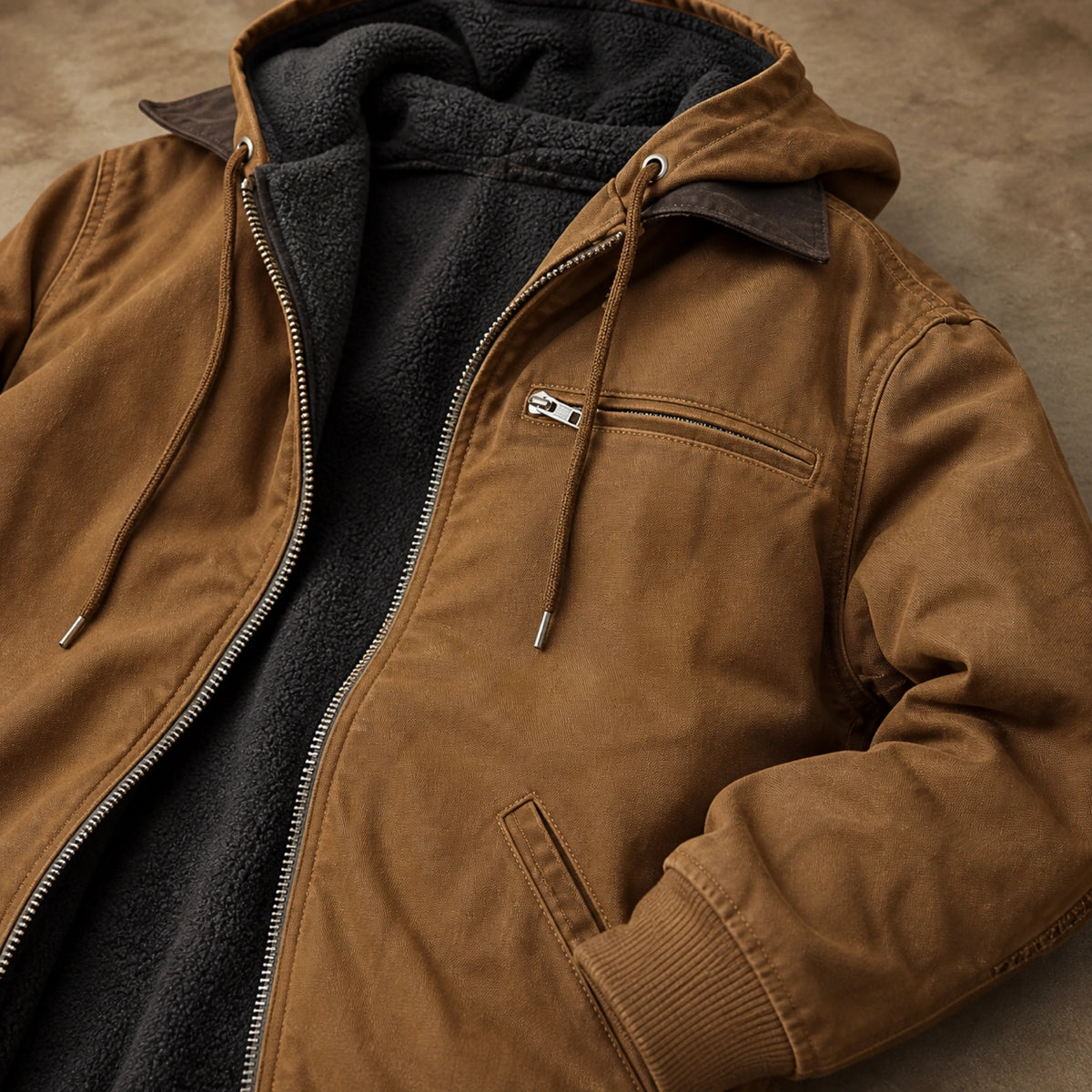 winter coat — Warm brown bomber jacket fleece lining zipper pocket cuff and hood detail — view 10