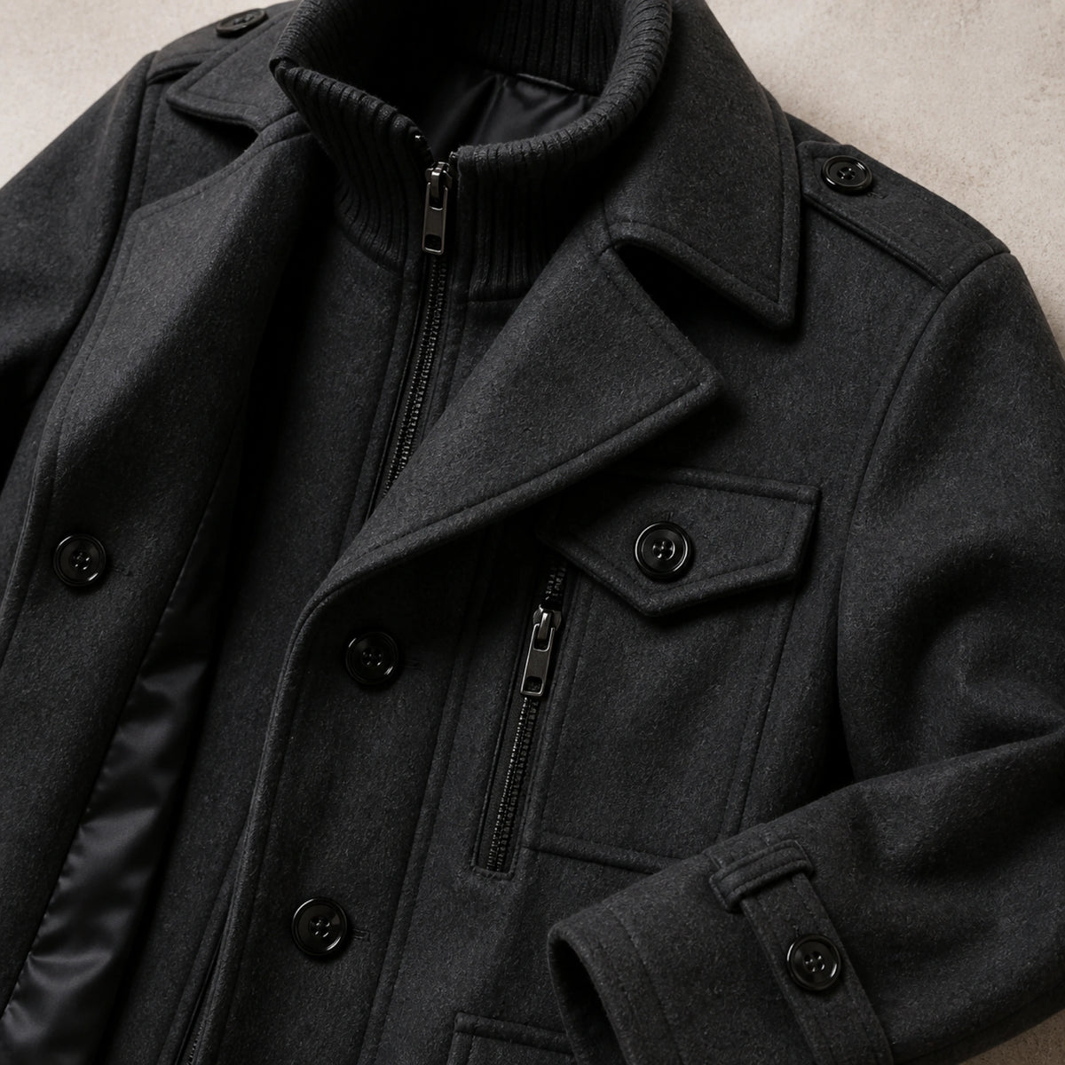 winter coat — Charcoal gray field coat layered collar chest pockets zipper and cuff detail — view 6