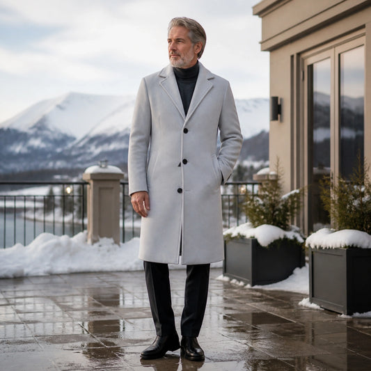 winter coat — Light gray three button long winter overcoat complete front view — view 2