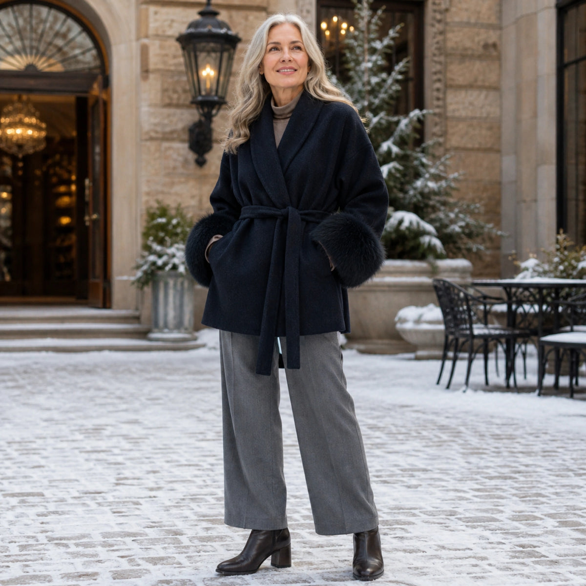 winter coat — Mature woman wearing midnight navy plush cuff wrap coat in a winter hotel courtyard — view 10
