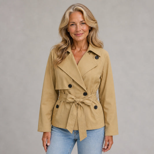 winter coat — Mature woman wearing camel beige cropped double breasted belted trench jacket front view — view 2