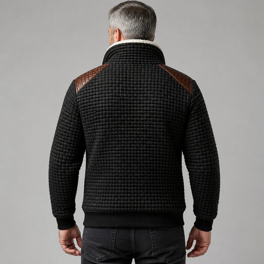 winter coat — Black textured sherpa lined winter jacket direct rear view — view 2