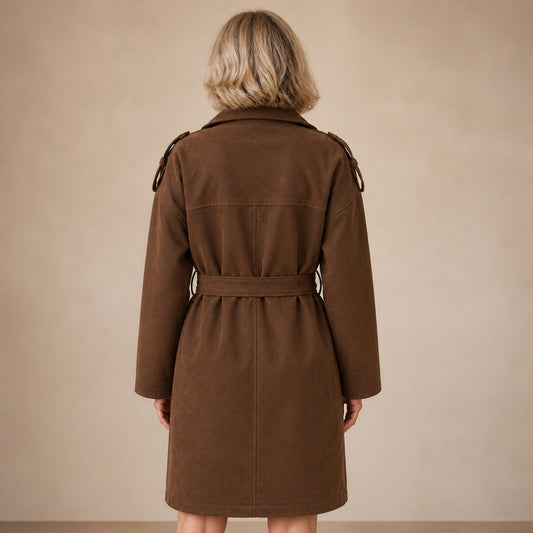 winter coat — Chocolate brown faux suede belted trench coat direct rear view — view 2