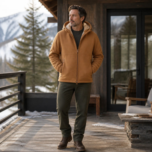 winter coat — Camel fleece lined hooded zip winter jacket complete front view — view 2