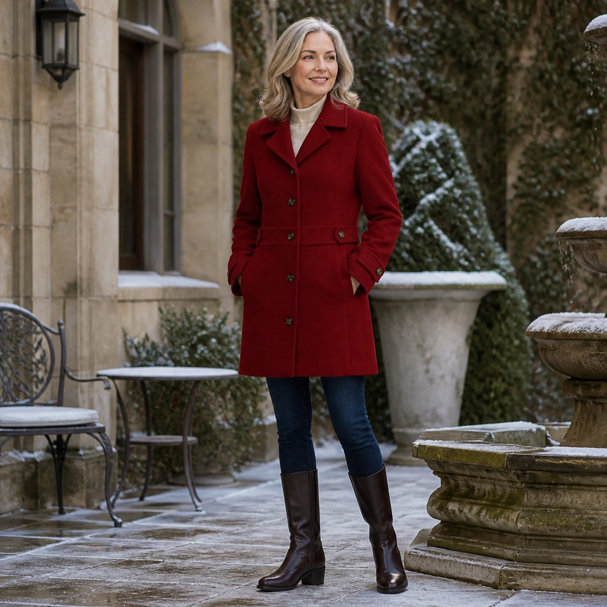 winter coat — Mature woman wearing deep red tailored coat in an elegant winter courtyard — view 8