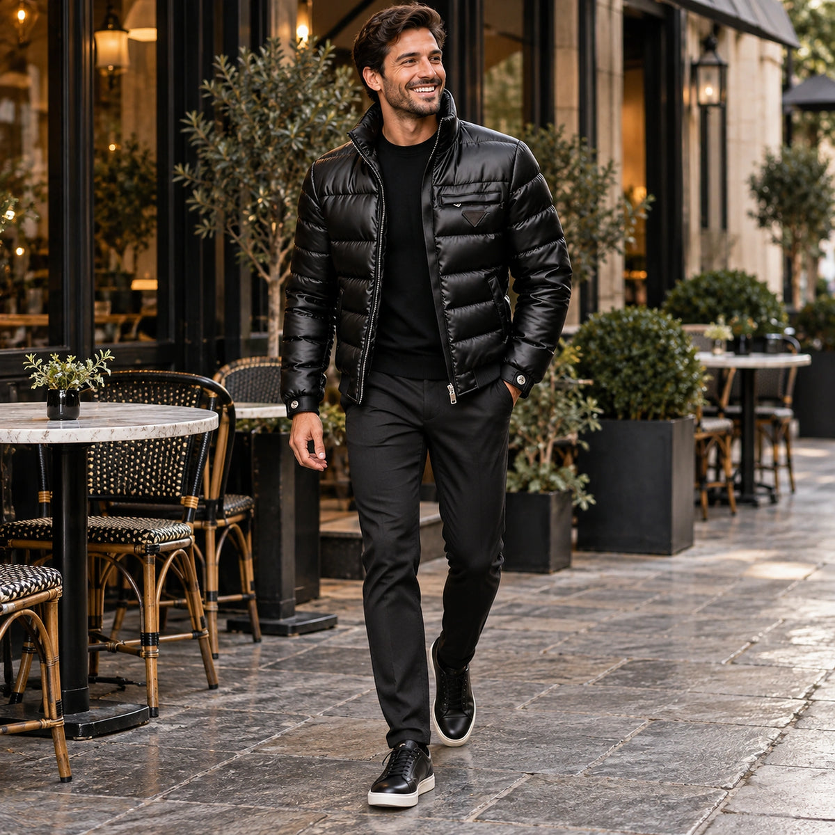 Happy adult model wearing the full Black Alexander Glossy Padded Winter Jacket in a cool UK autumn setting — view 2