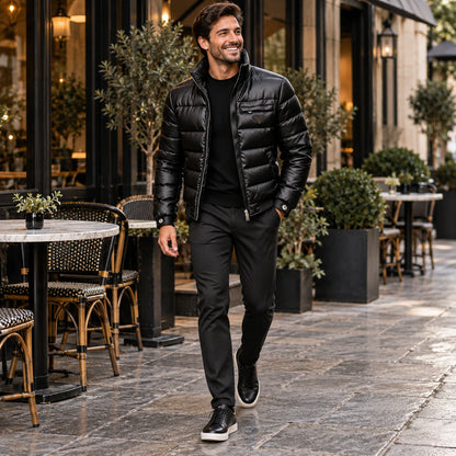 Happy adult model wearing the full Black Alexander Glossy Padded Winter Jacket in a cool UK autumn setting — view 2