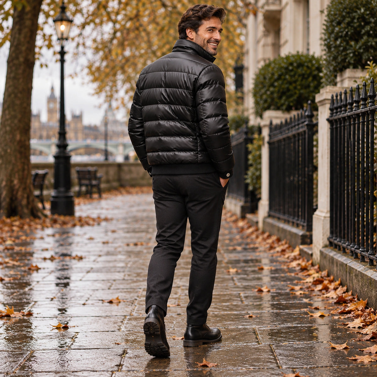 Back full length view of the Black garment worn by a happy adult model in cool UK autumn setting — view 4