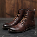 ankle boots — Dark brown burnished cap toe lace up boots complete pair front view
