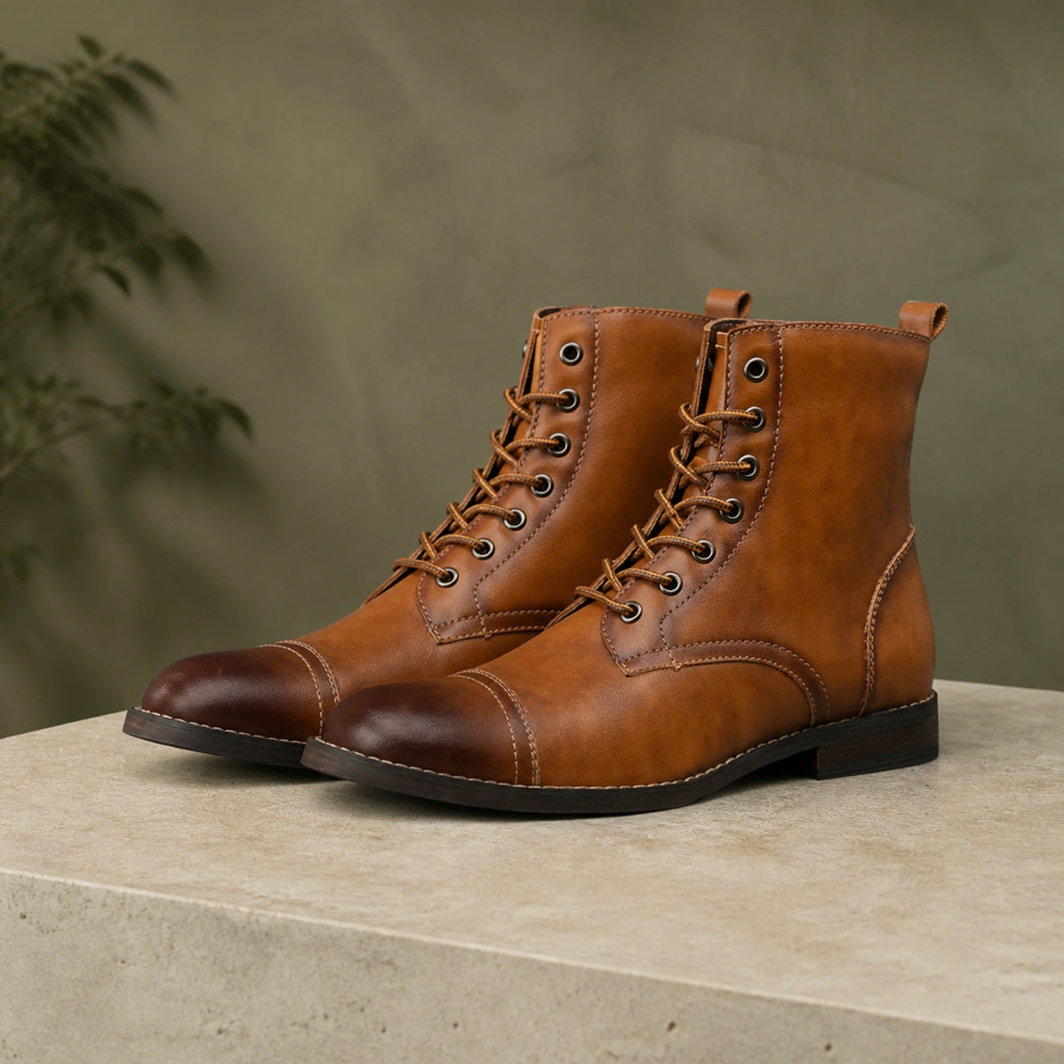 ankle boots — Cognac brown burnished cap toe lace up boots complete pair front view — view 2