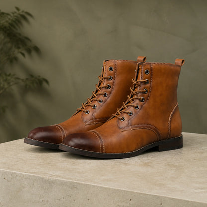 ankle boots — Cognac brown burnished cap toe lace up boots complete pair front view — view 2