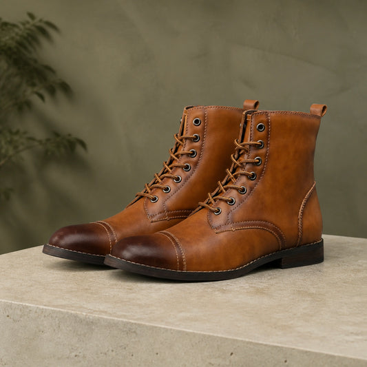ankle boots — Cognac brown burnished cap toe lace up boots complete pair front view — view 2