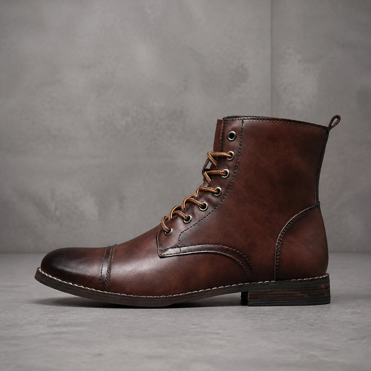 ankle boots — Dark brown cap toe lace up boot true side profile — view 4