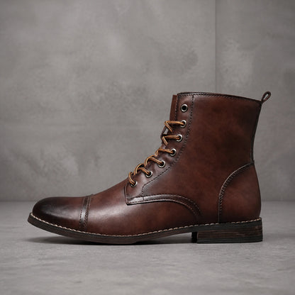 ankle boots — Dark brown cap toe lace up boot true side profile — view 4