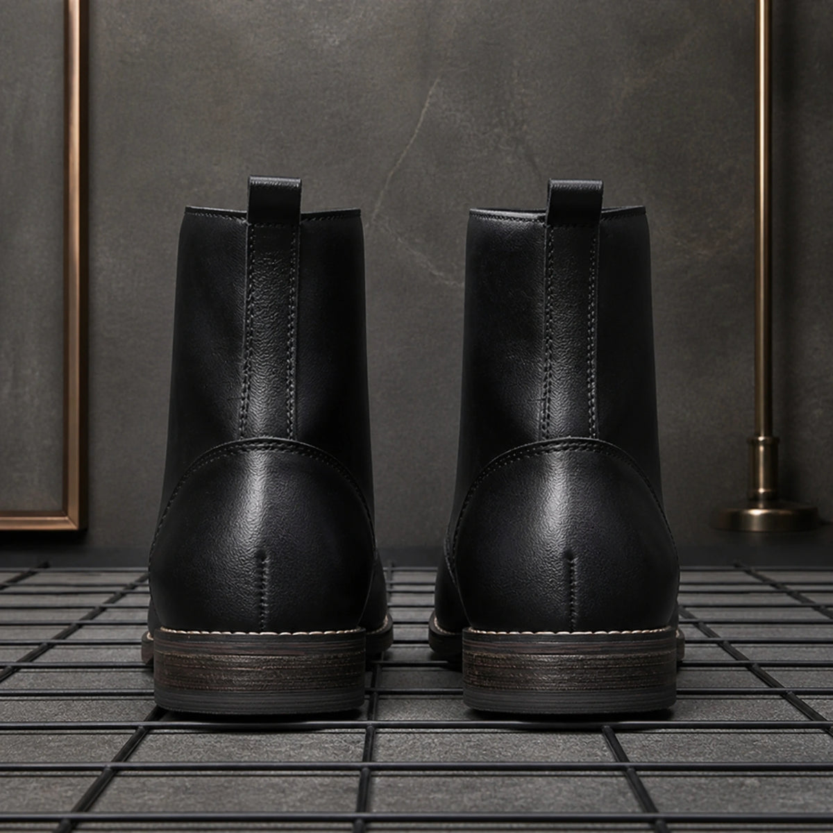 Black lace up ankle boots direct rear view — view 5