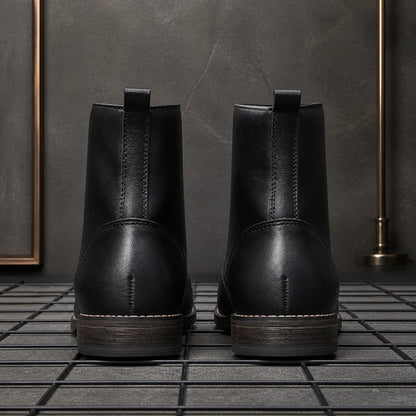 Black lace up ankle boots direct rear view — view 5