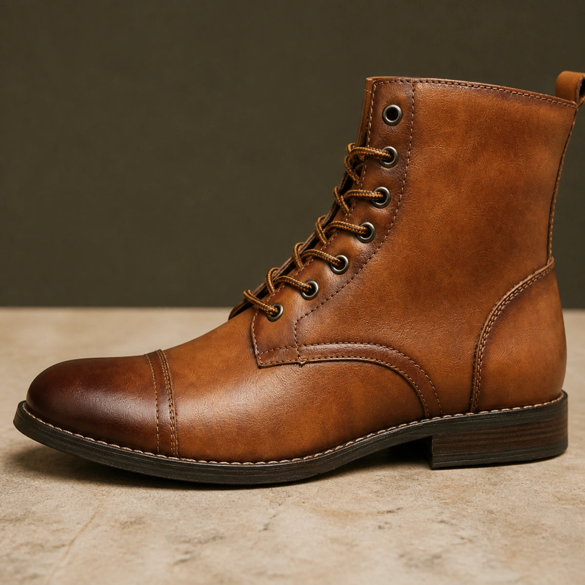 ankle boots — Cognac brown boot burnished toe and lace construction detail — view 6