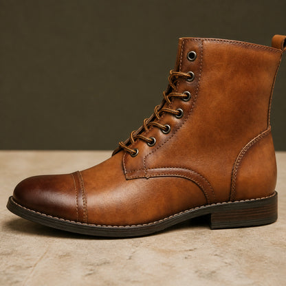 ankle boots — Cognac brown boot burnished toe and lace construction detail — view 6