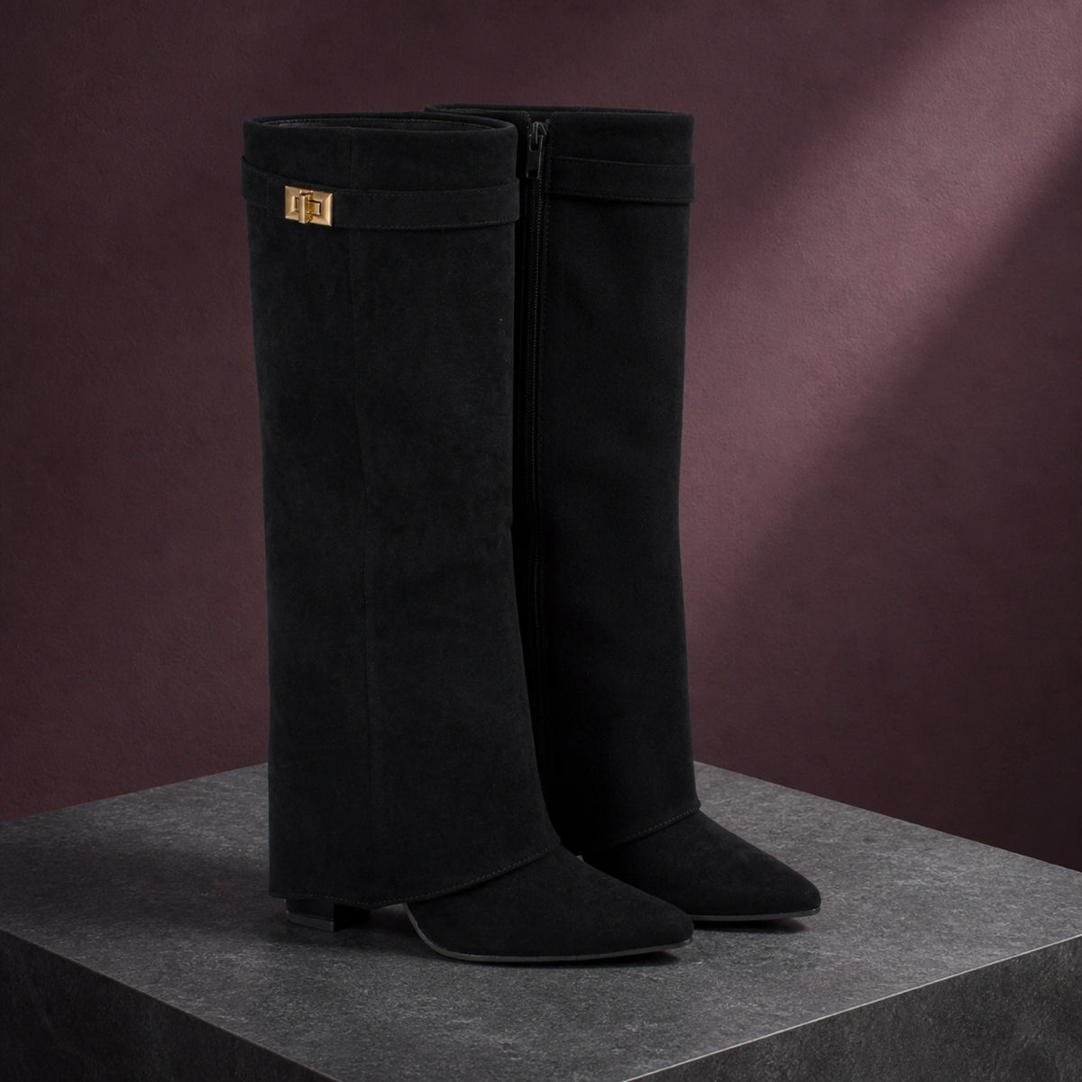 ankle boots — Black fold over suede knee high boots complete pair front view