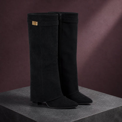 ankle boots — Black fold over suede knee high boots complete pair front view